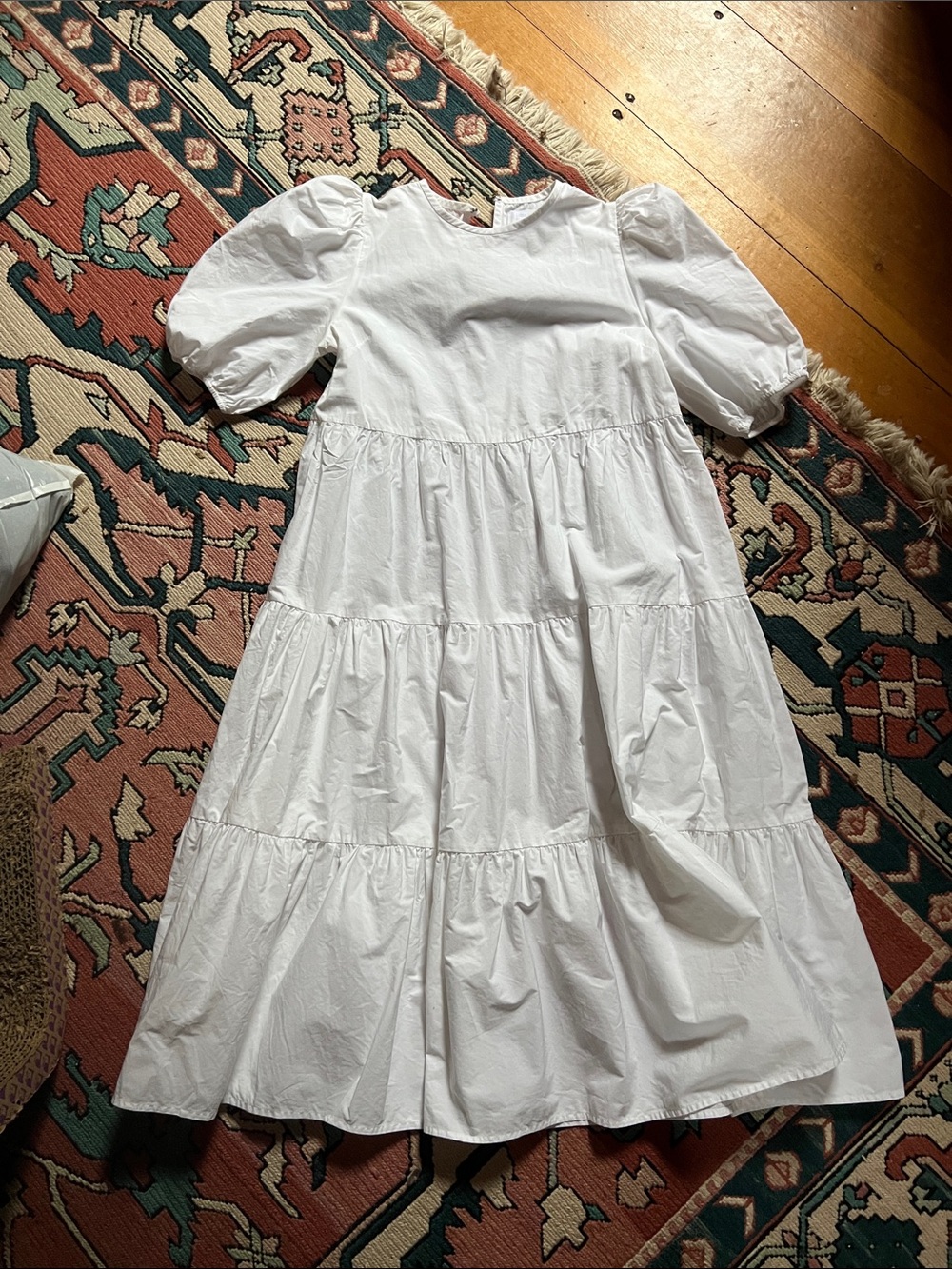 Aritzia White Tiered Midi Dress with Puff Sleeves